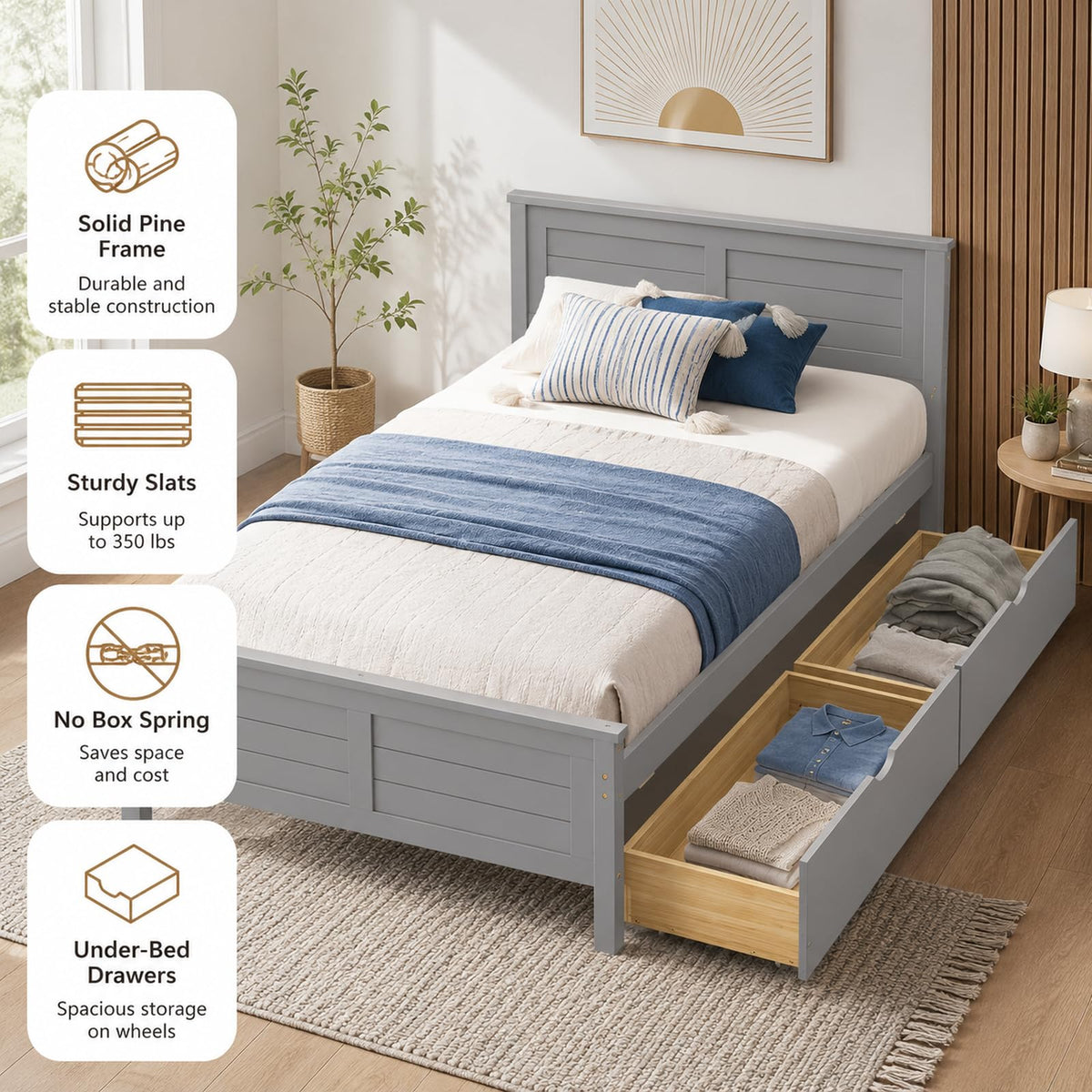 Wood Bed Frame with 2 Drawers & Headboard I8419
