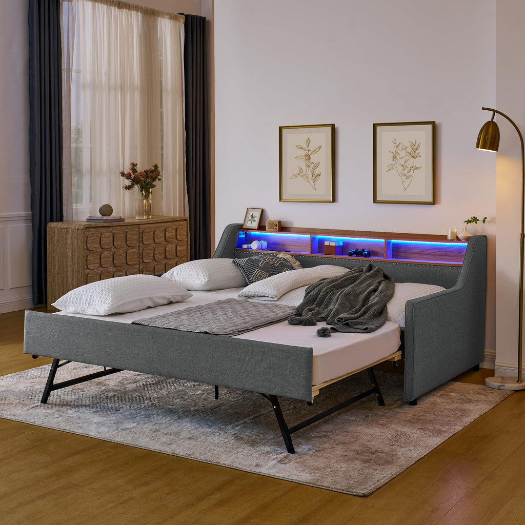 Twin Linen Upholstered Daybed with Pop Up Trundle D6500