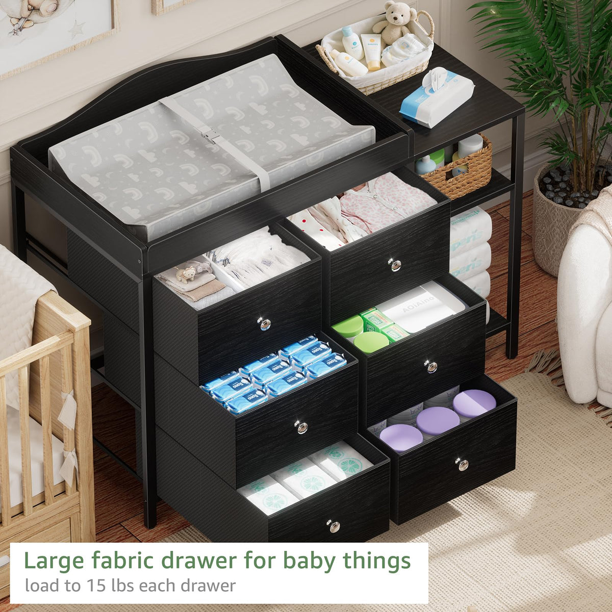 Black 6 Drawer Baby Dresser with Changing Table Top F845273