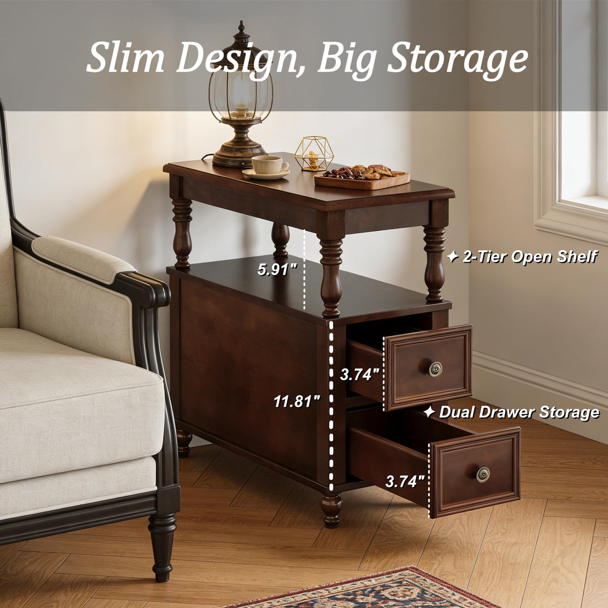 Solid Wood End Table with 2 Drawers and 2-Tier Open Shelf H641