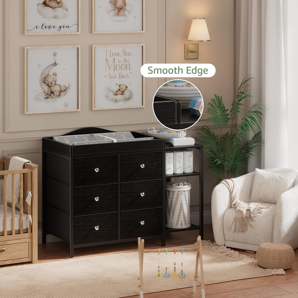 Black 6 Drawer Baby Dresser with Changing Table Top F845273