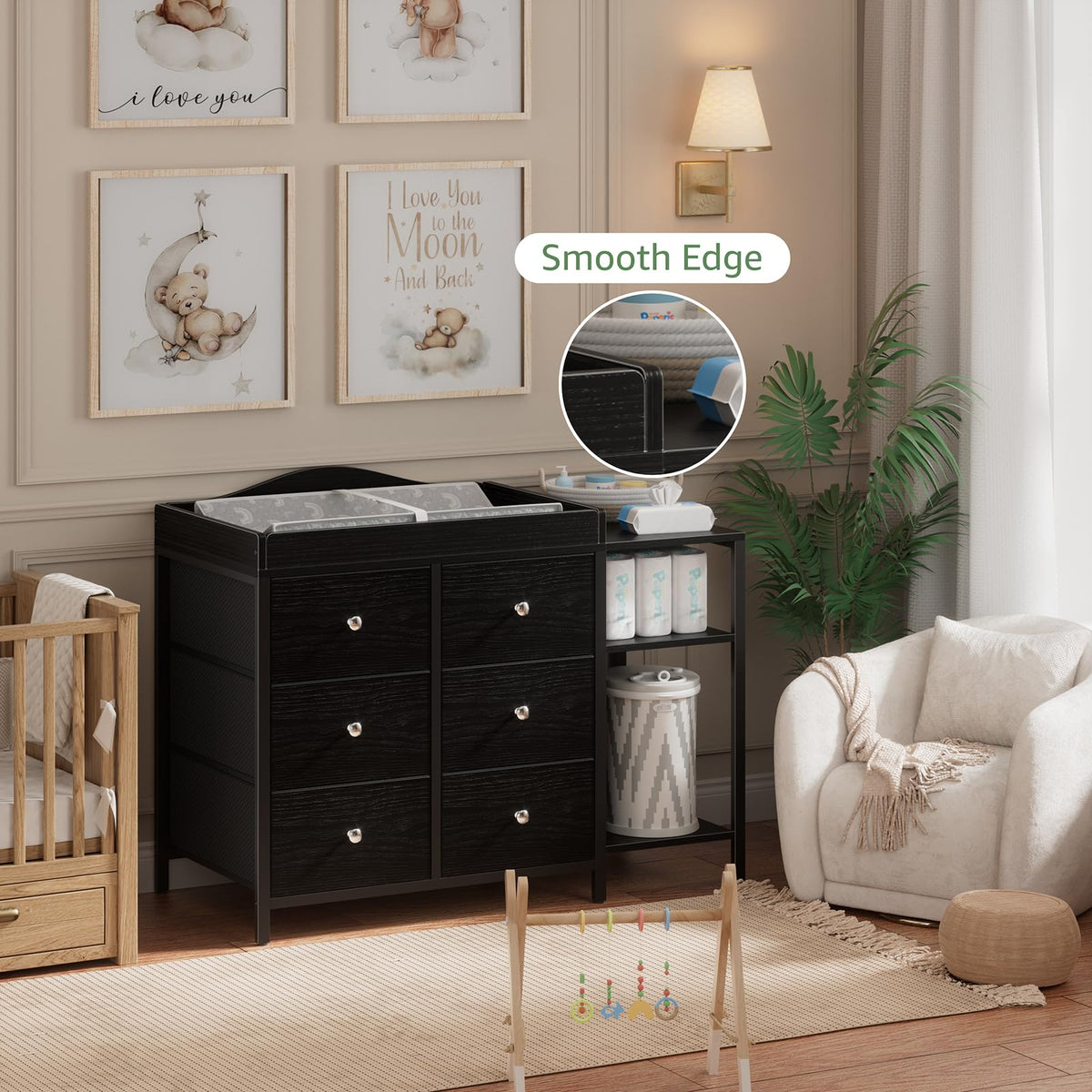 Black 6 Drawer Baby Dresser with Changing Table Top F845273