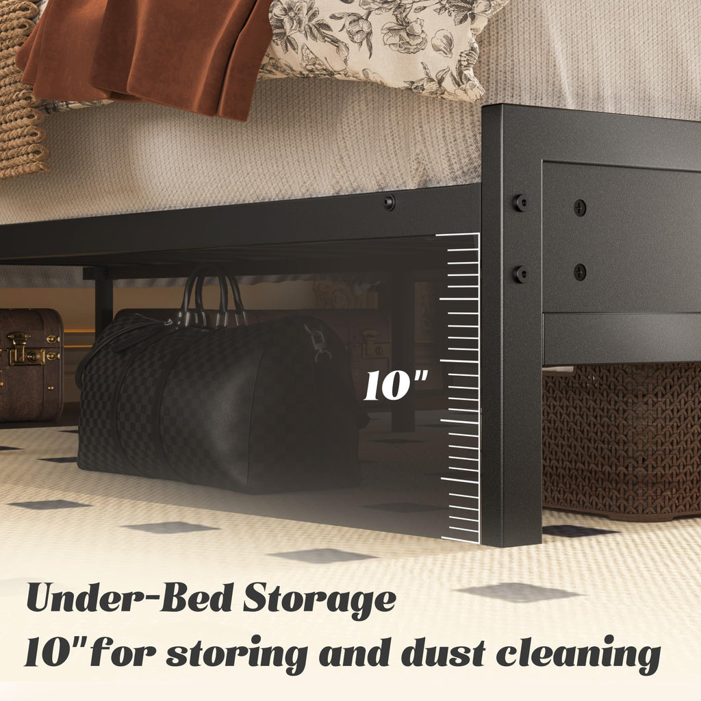Full Bed Frame with Headboard, Footboard, Charging Station, LED Light, Storage Shelf, Black J413415