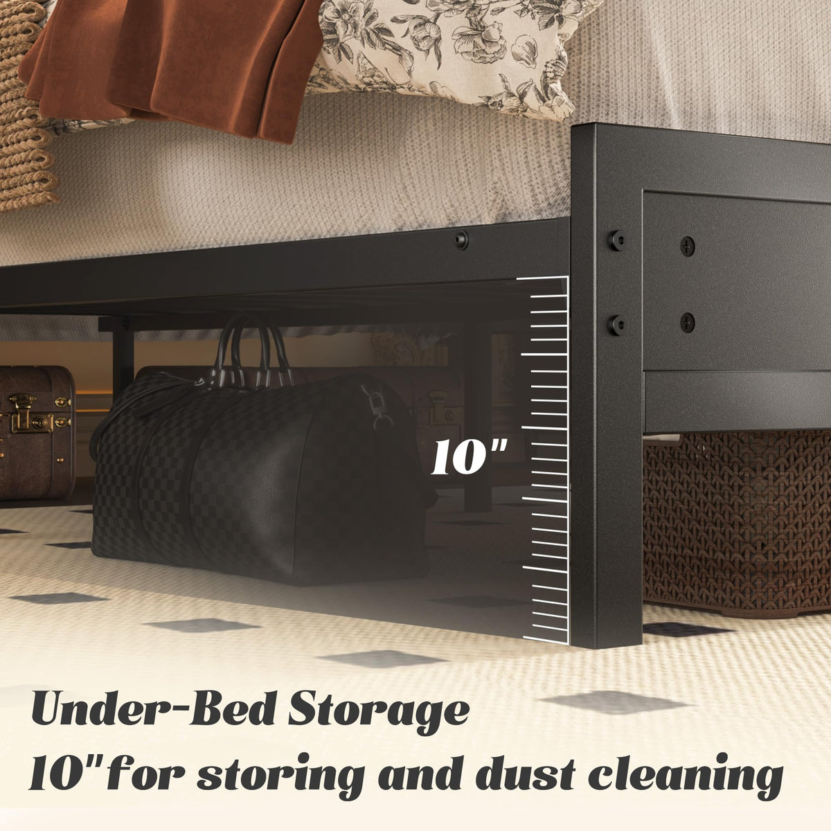 Full Bed Frame with Headboard, Footboard, Charging Station, LED Light, Storage Shelf, Black J413415