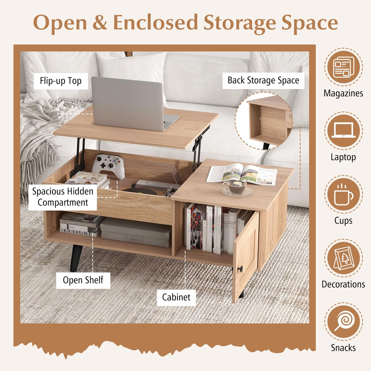 Lift Top Coffee Table with Storage and Hidden Compartment Z1472