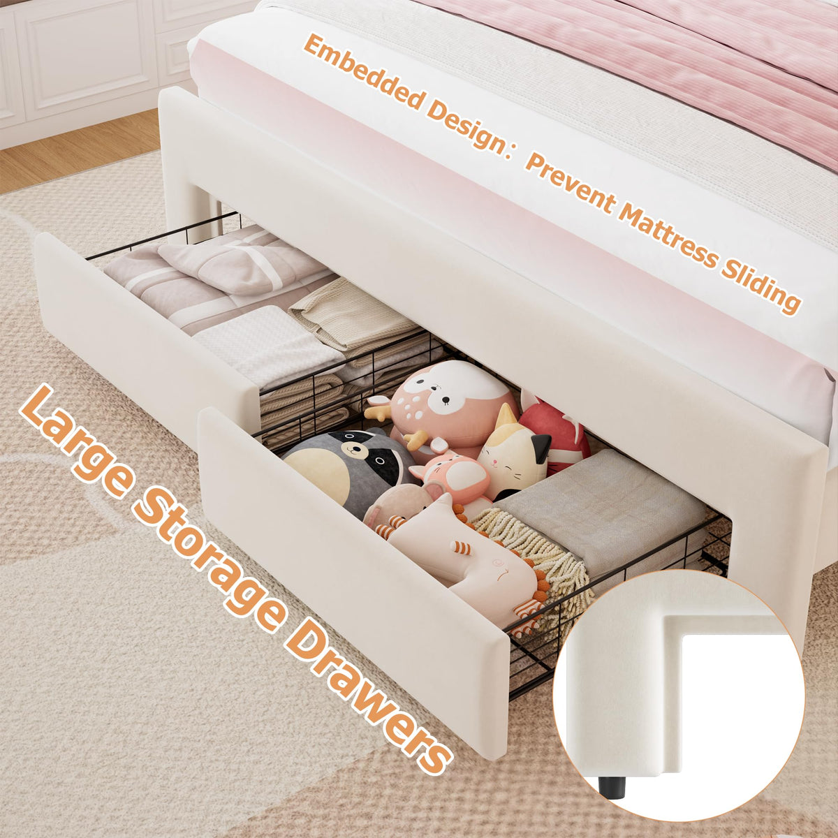 Beige Velvet Upholstered LED Bed Frame with 2 Storage Drawers T358
