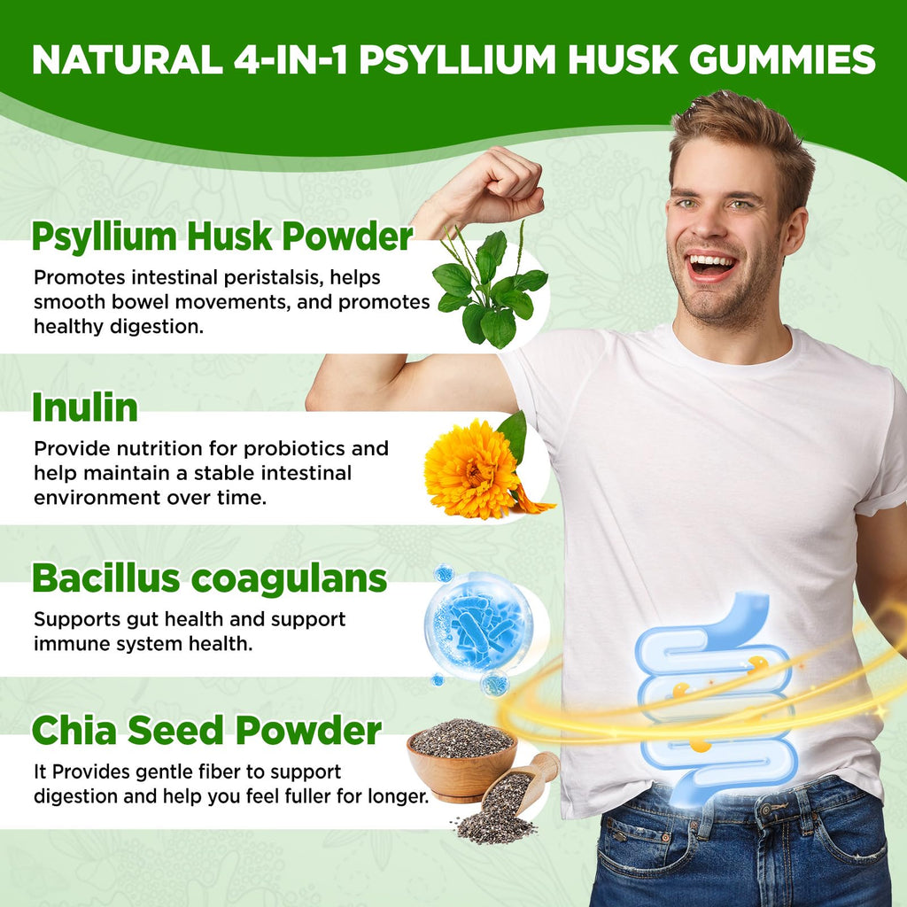 1500mg Psyllium Husk Fiber Gummies with Probiotics, Inulin, Chia Seed, Sugar Free, 60 Chewable E848957