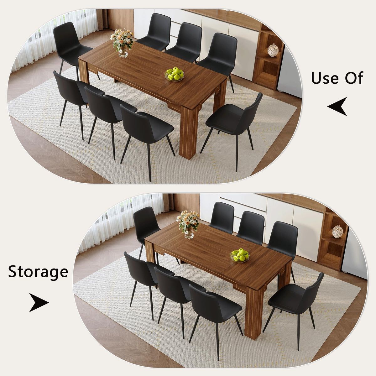 Walnut 9 Piece Dining Table Set with 8 Black Upholstered Chairs V73626