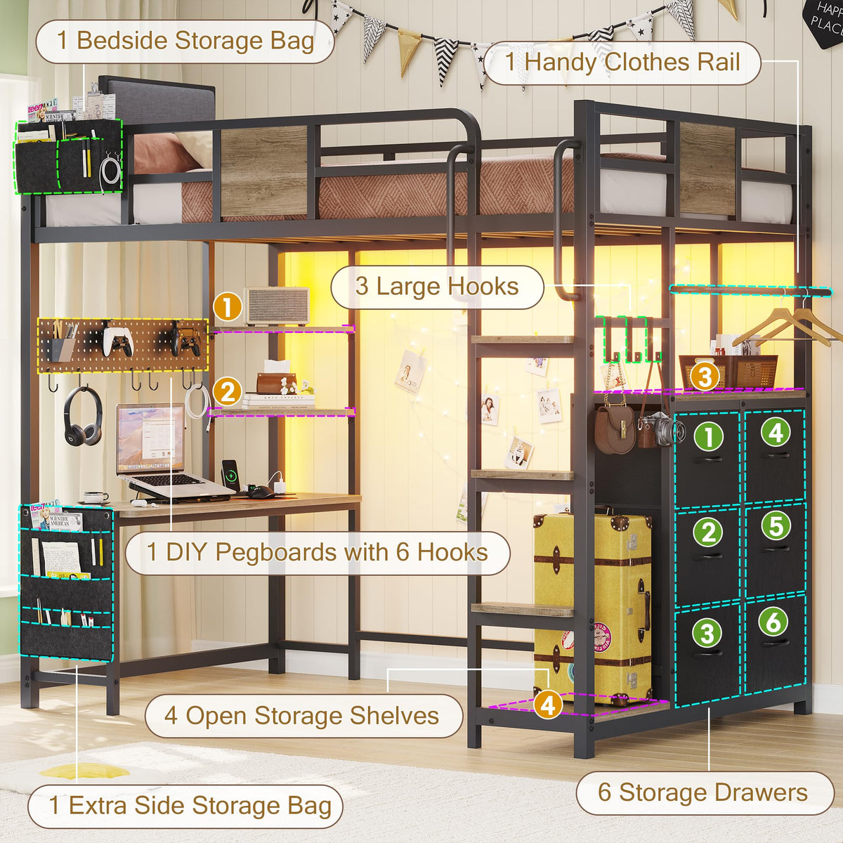 Twin Loft Bed with Desk and 6 Storage Drawers T461