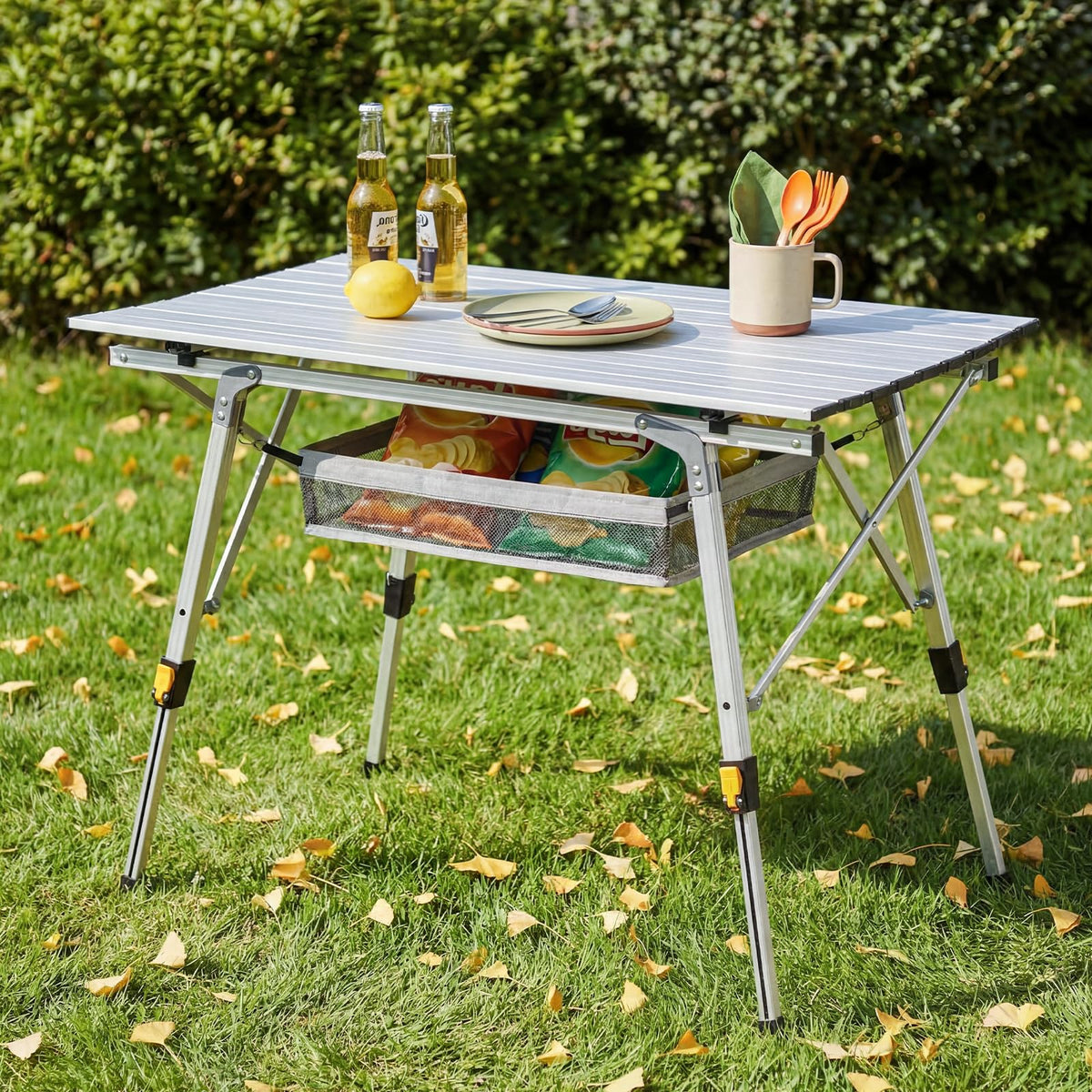 Camping Table Portable Foldable with Adjustable Legs & Storage Layer O557