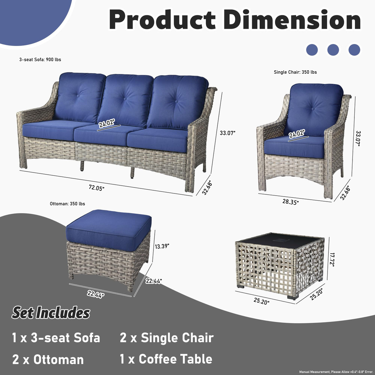 6 Piece Outdoor Patio Furniture with 3 Seat Sofa and Ottoman J4127