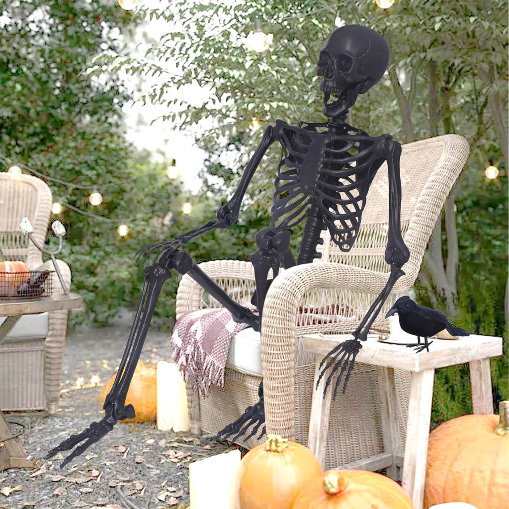 5.4Ft Posable Skeleton with Movable Joints and 2PC Black Feathered Crows S544308