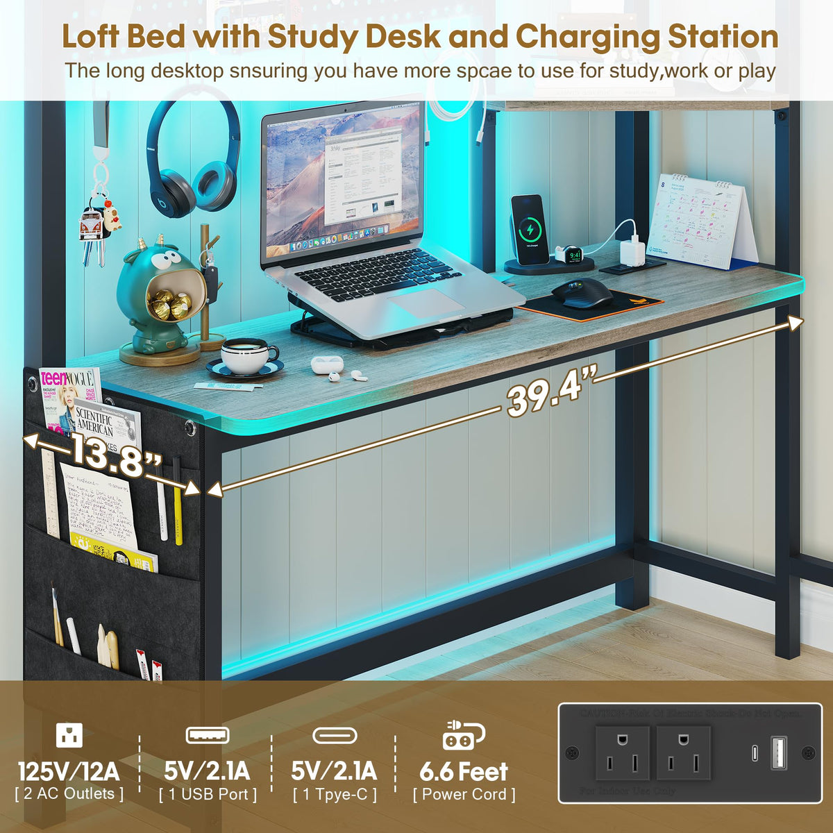 Twin Loft Bed with Desk and 6 Storage Drawers T461