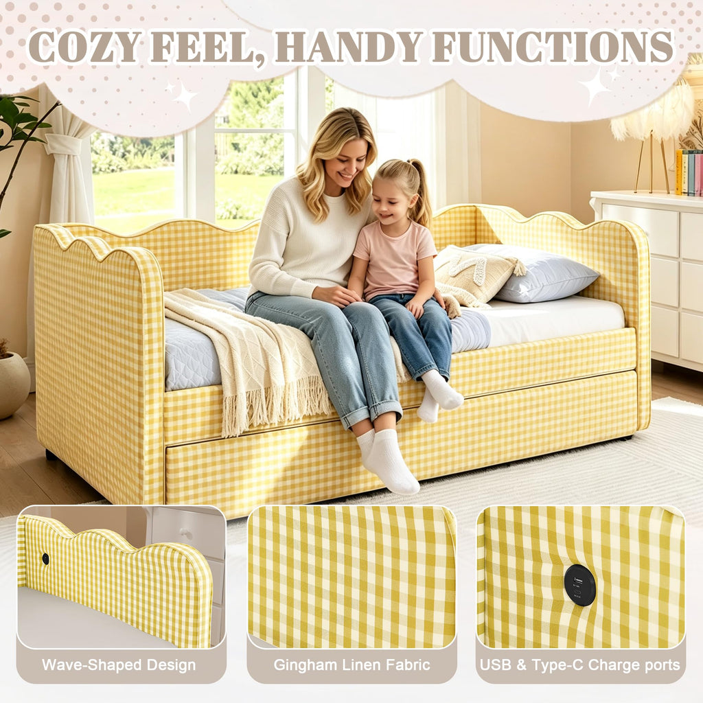 Twin Size Linen Upholstered Daybed with Trundle D742