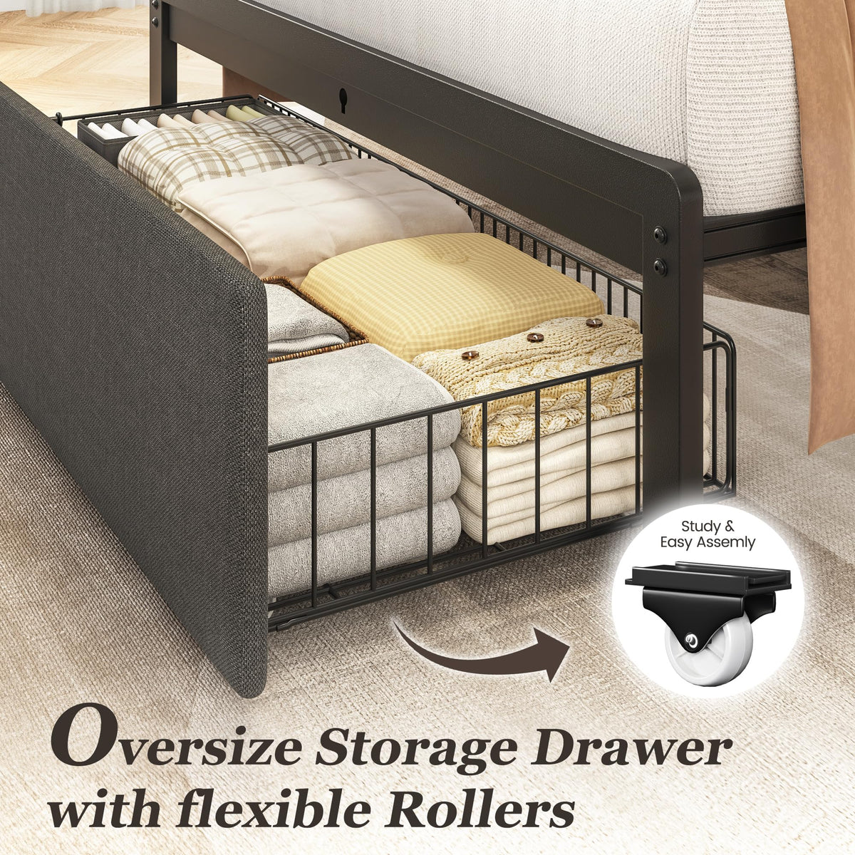 Grey Twin Bed Frame with Storage Drawer Y67382