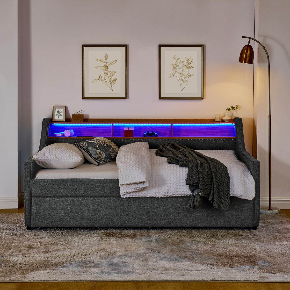 Twin Linen Upholstered Daybed with Pop Up Trundle D6500