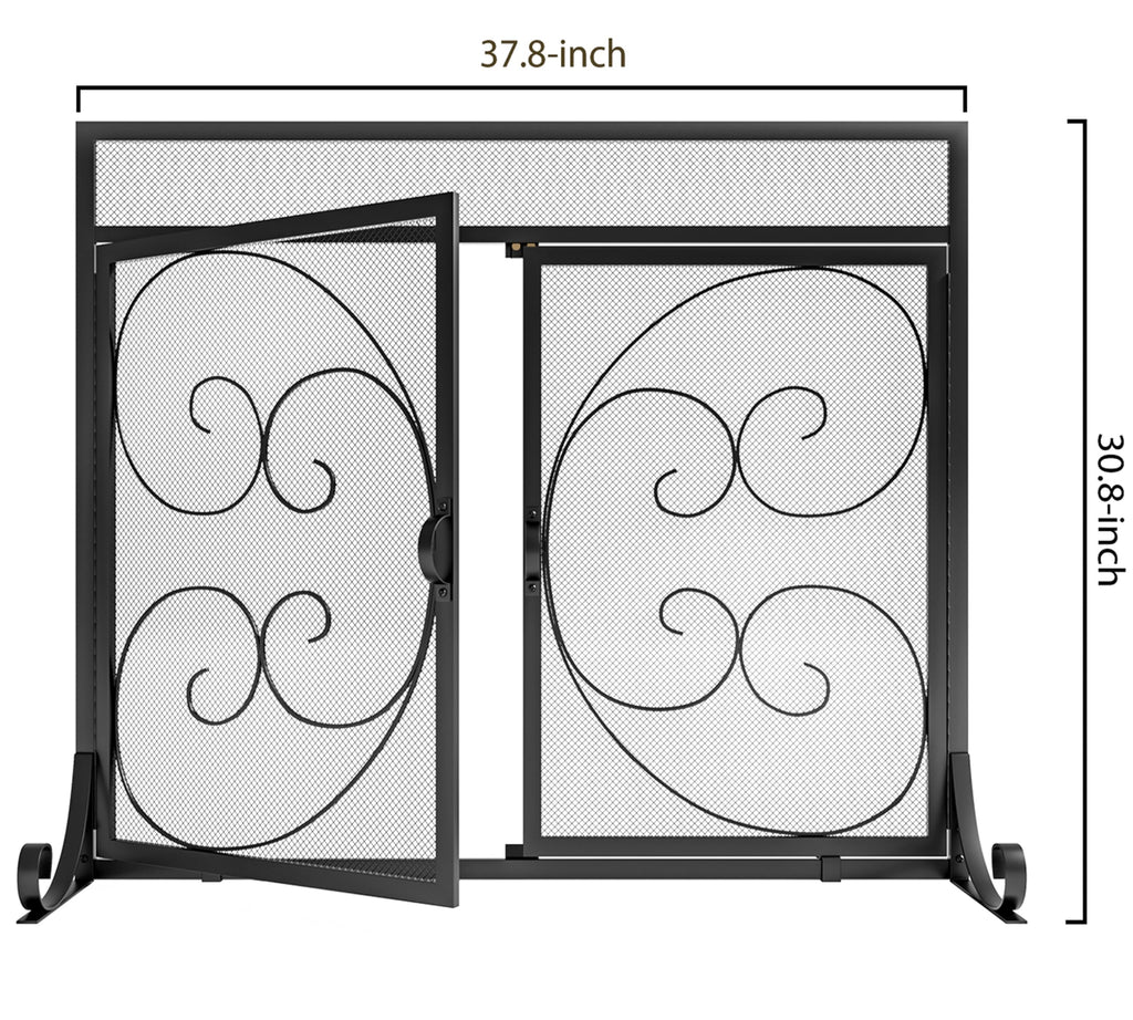 Flat Fireplace Screen with Hinged Doors Wrought Iron Mesh Black O9690