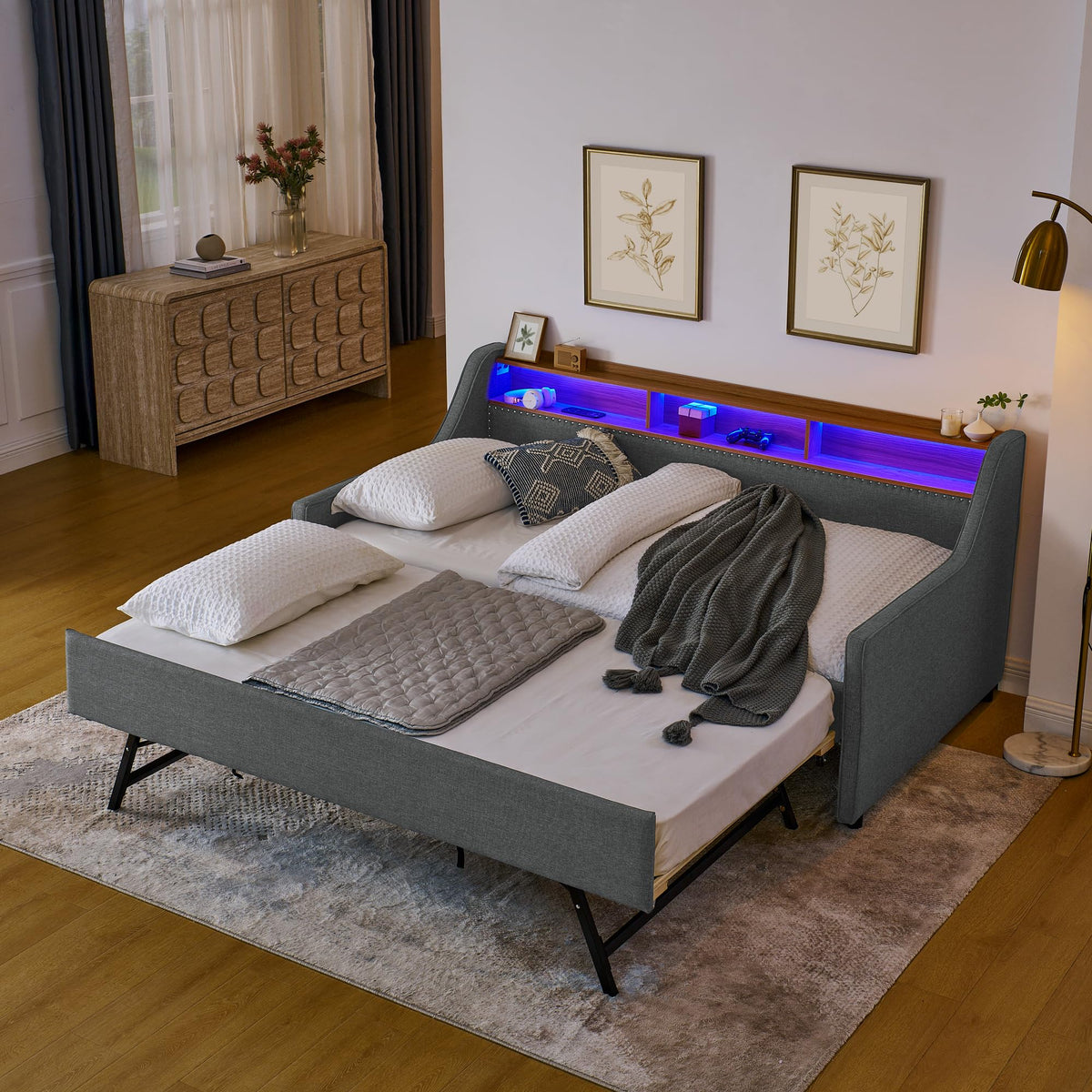 Twin Linen Upholstered Daybed with Pop Up Trundle D6500