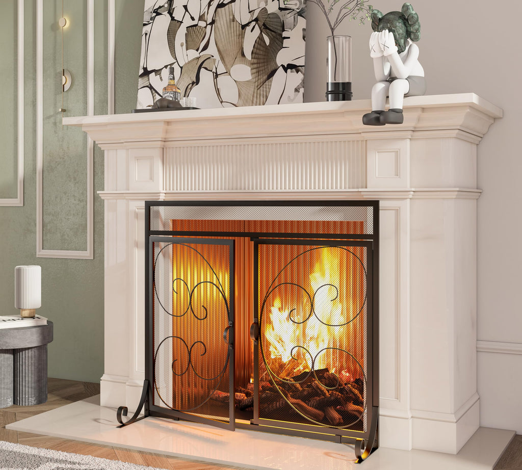 Flat Fireplace Screen with Hinged Doors Wrought Iron Mesh Black O9690