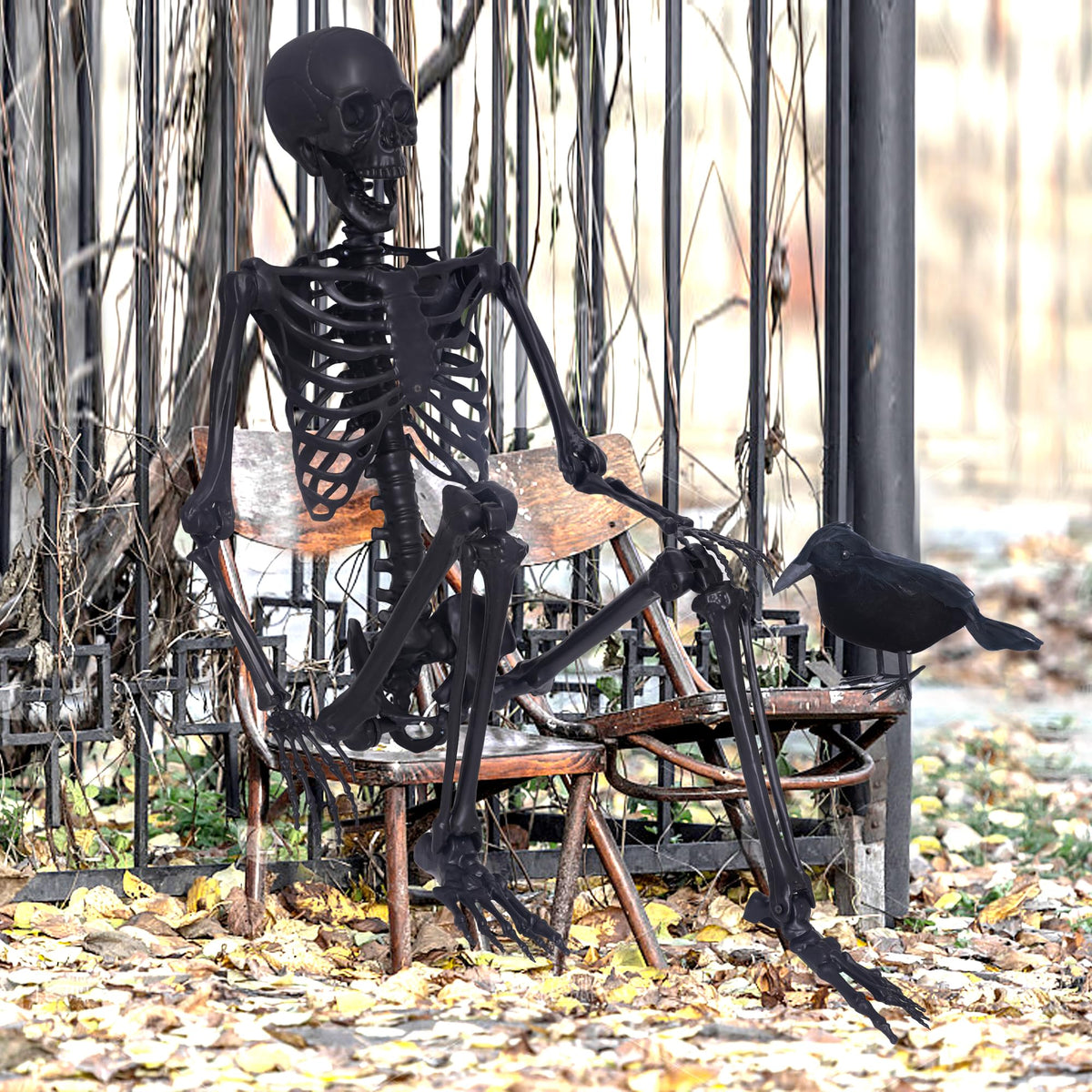 5.4Ft Posable Skeleton with Movable Joints and 2PC Black Feathered Crows S544308
