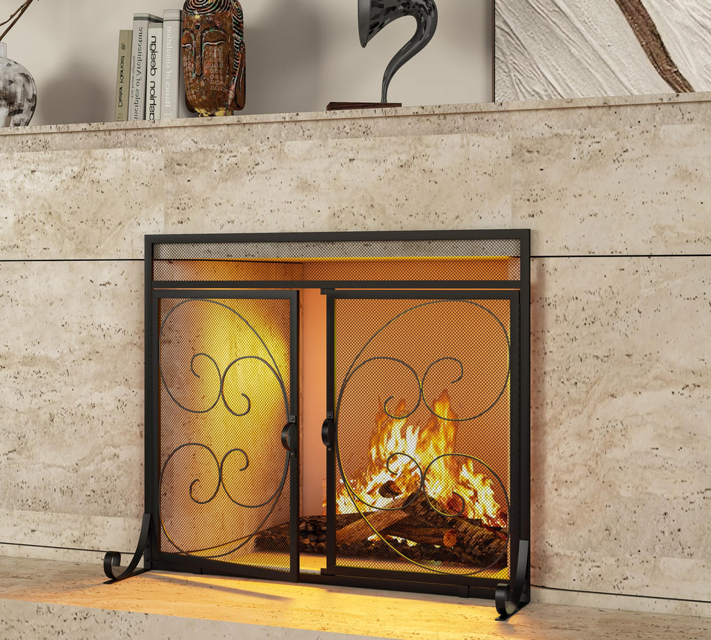 Flat Fireplace Screen with Hinged Doors Wrought Iron Mesh Black O9690