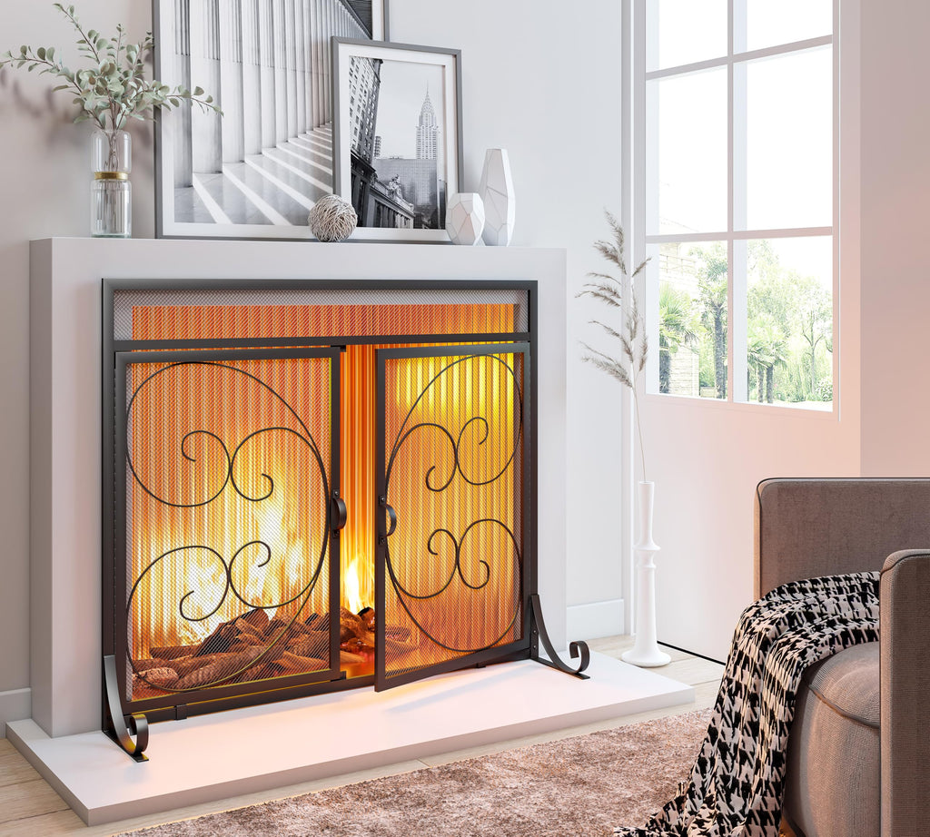 Flat Fireplace Screen with Hinged Doors Wrought Iron Mesh Black O9690