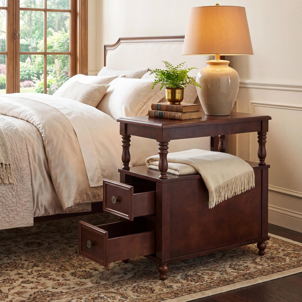 Solid Wood End Table with 2 Drawers and 2-Tier Open Shelf H641
