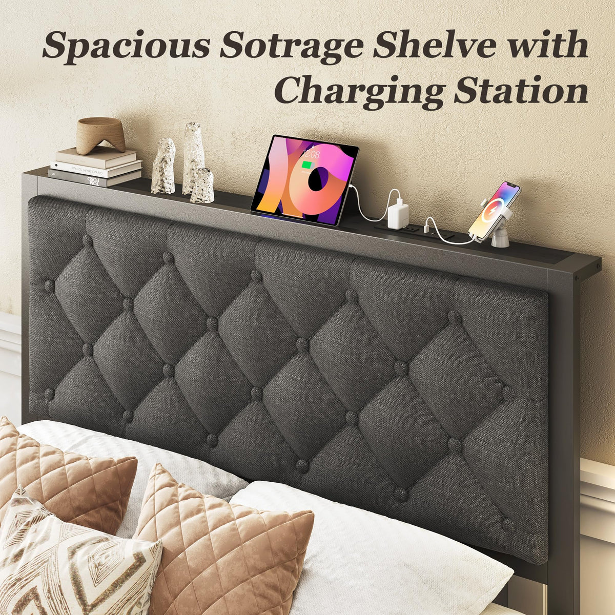 Grey Twin Bed Frame with Storage Drawer Y67382