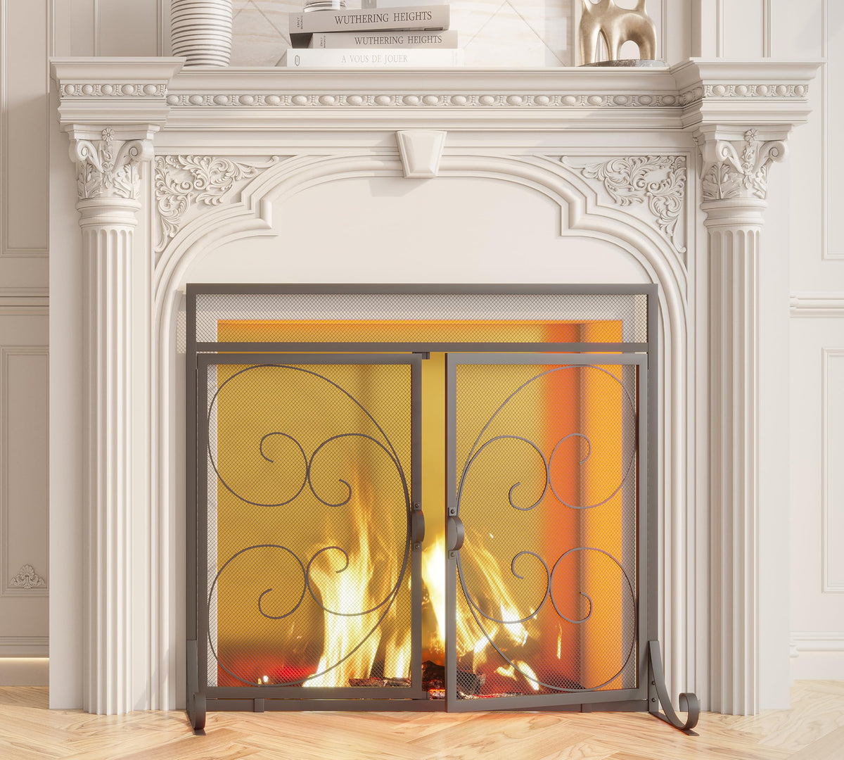 Flat Fireplace Screen with Hinged Doors Wrought Iron Mesh Black O9690