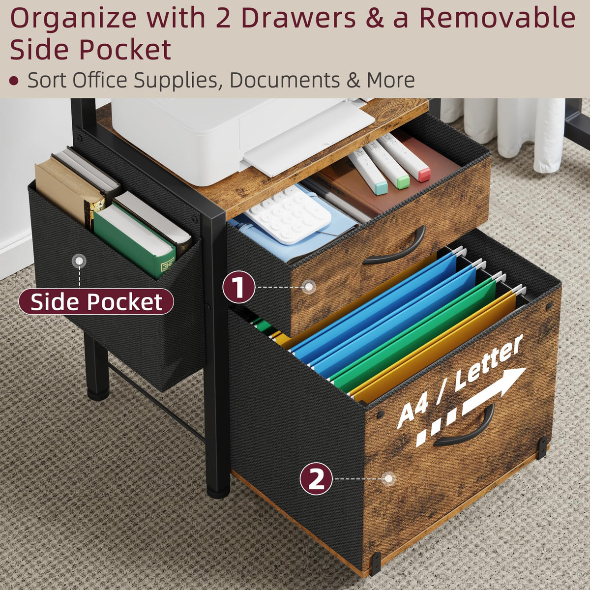File Cabinet with 2 Fabric Drawers and Printer Stand C8878