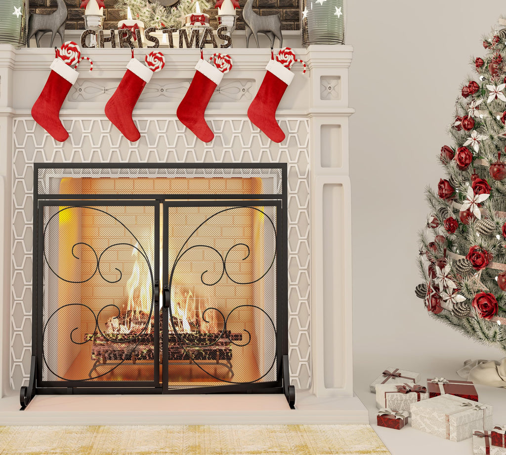 Flat Fireplace Screen with Hinged Doors Wrought Iron Mesh Black O9690