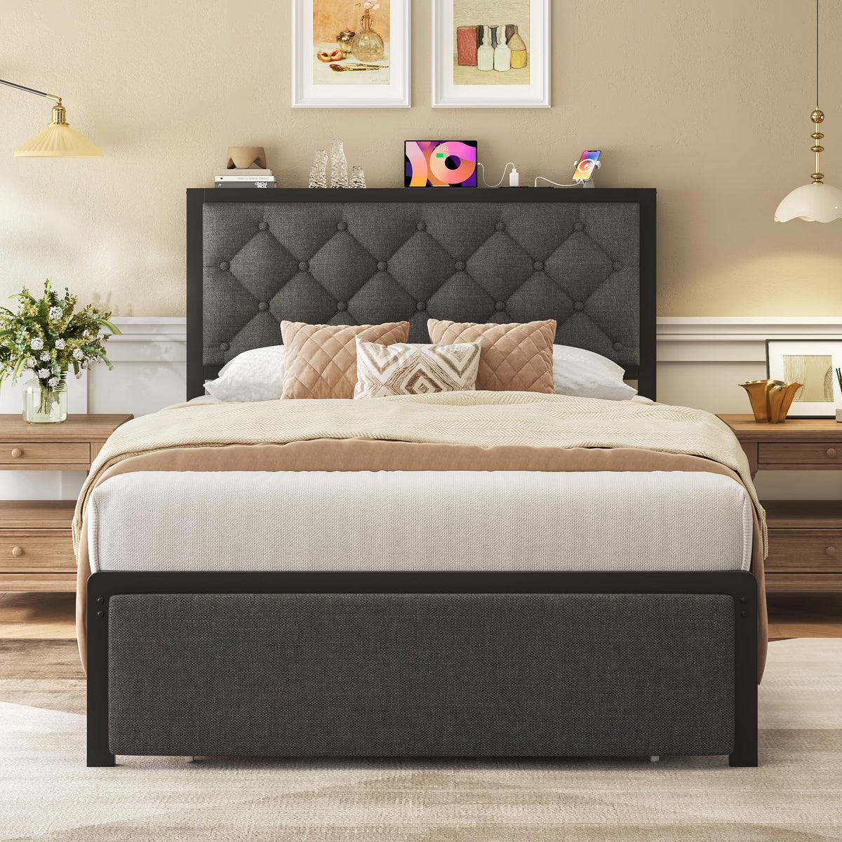 Grey Twin Bed Frame with Storage Drawer Y67382