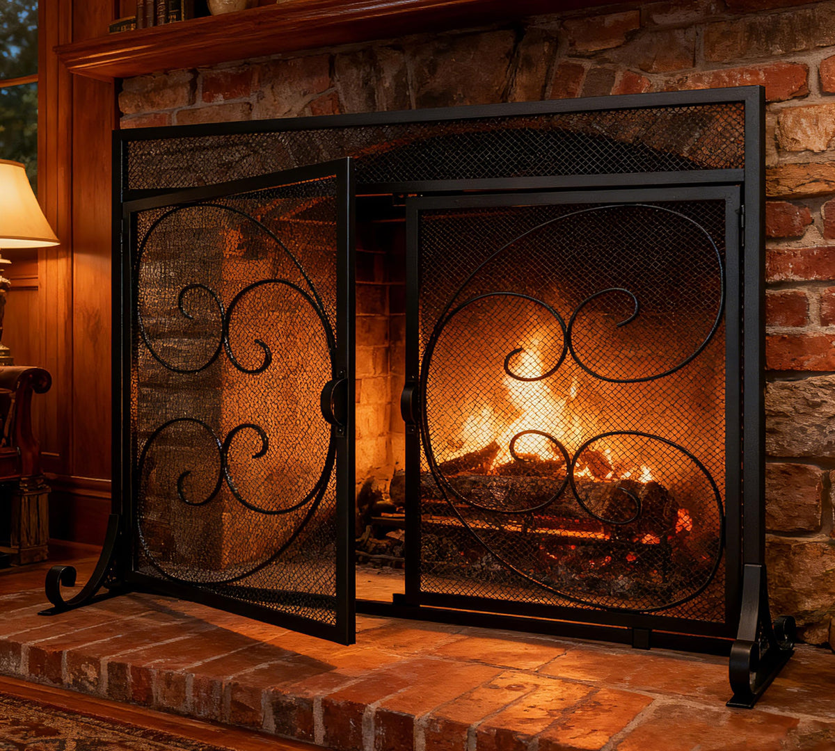 Flat Fireplace Screen with Hinged Doors Wrought Iron Mesh Black O9690