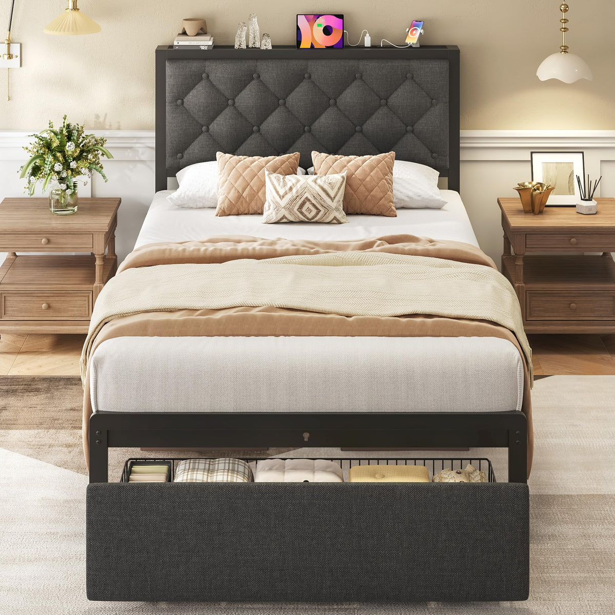 Grey Twin Bed Frame with Storage Drawer Y67382
