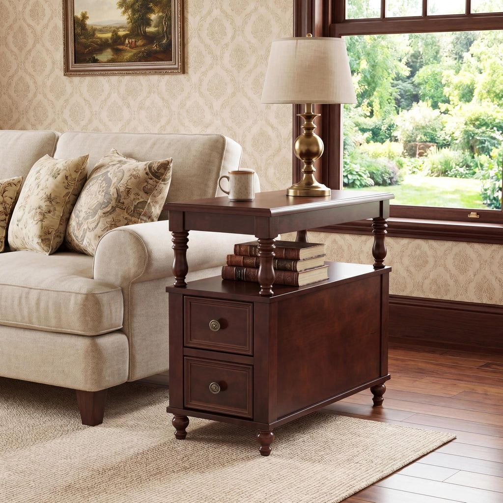 Solid Wood End Table with 2 Drawers and 2-Tier Open Shelf H641
