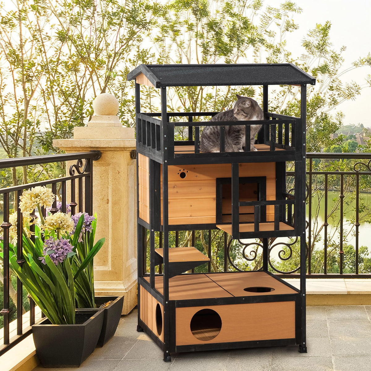 3-Story Wooden Outdoor Cat House with Raised Floor D685603