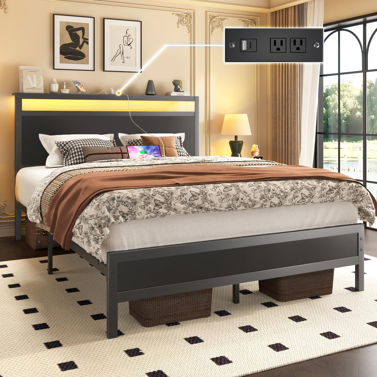 Full Bed Frame with Headboard, Footboard, Charging Station, LED Light, Storage Shelf, Black J413415